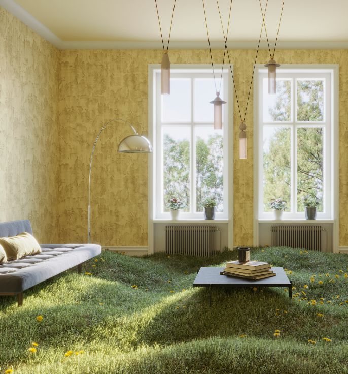 Wohnraum mit gelb-goldenen Musterwänden, hellen Hängelampen und grünem Rasen